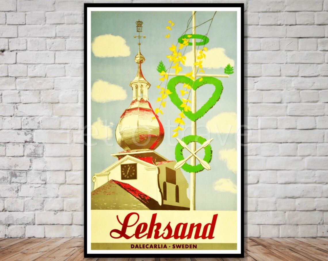 Leksand Dalecarlia Sweden Midsummer Church Travel Poster Pole