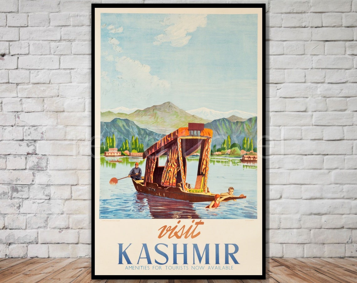 Visit Kashmir Vintage Travel Poster Shikara Boat On Dal Lake
