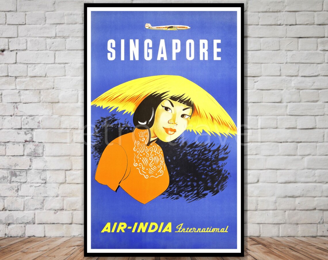 Singapore Air India International Straw Hat Woman Retro Airline Poster