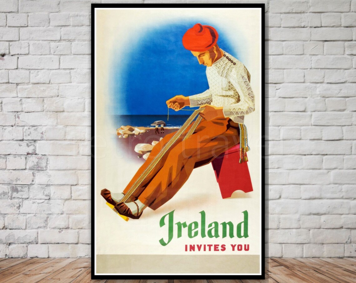 Ireland Invites You Fisherman Net Mending Beach Vintage Travel Poster