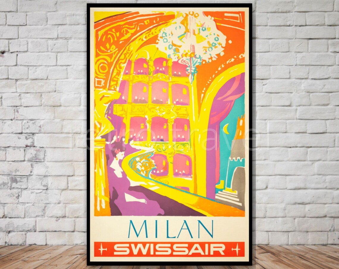 Milan La Scala Opera House Interior Swissair Vintage Travel Poster