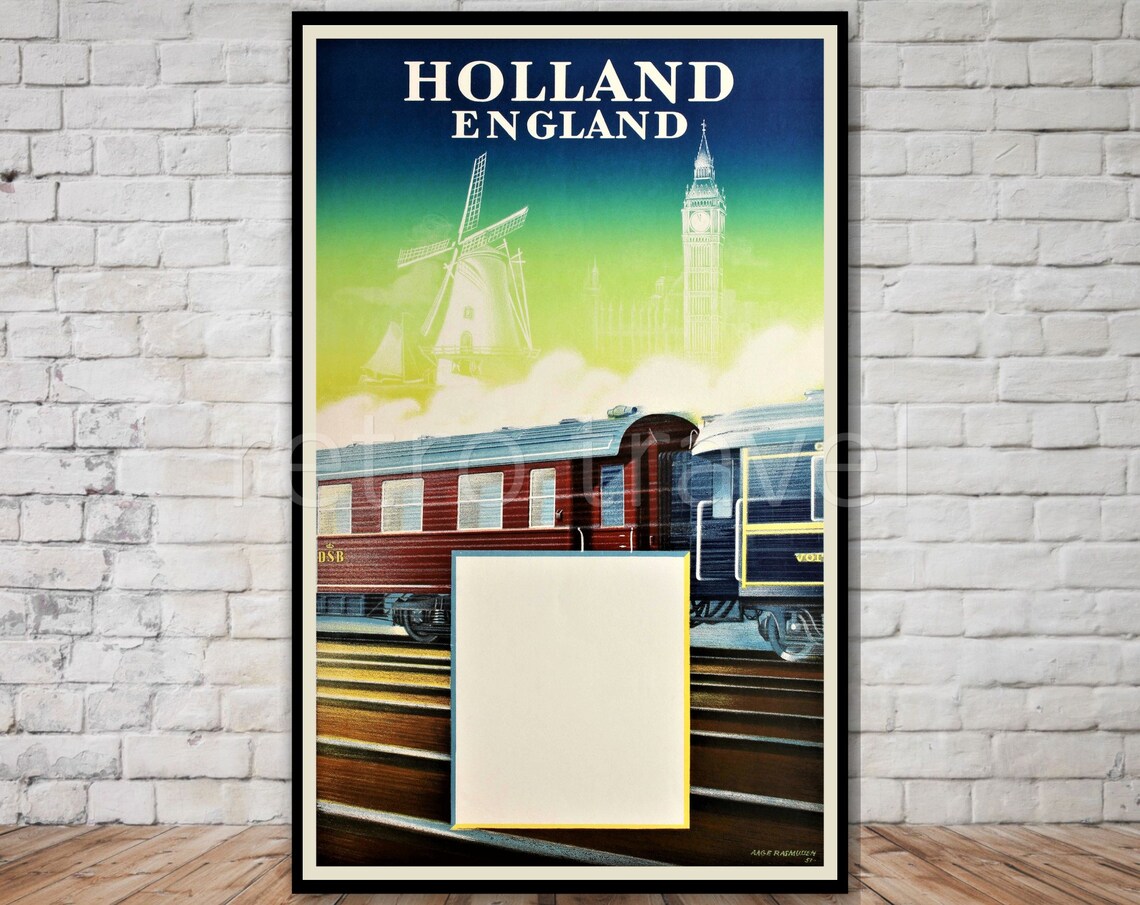 Holland England Railway Travel Poster Vintage DSB Train Windmill Art