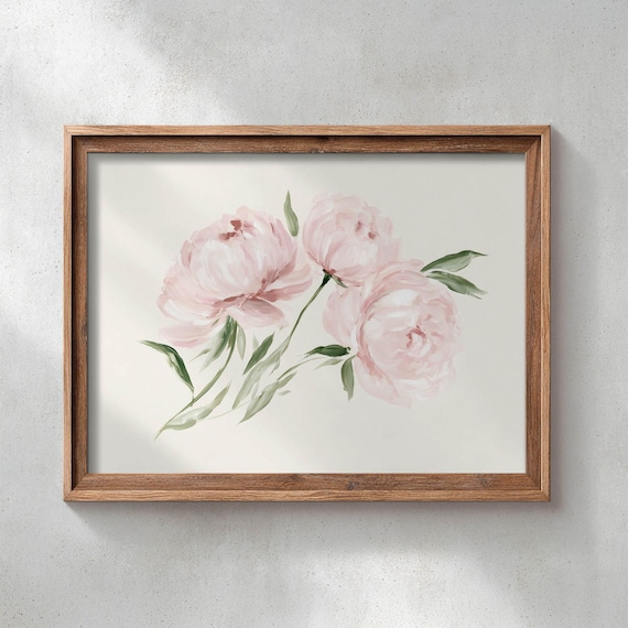 Printed Soft Pink Peonies Watercolor Painting Romantic Floral Wall Art Neutral Botanical Poster Cream Background Cottage Decor P744