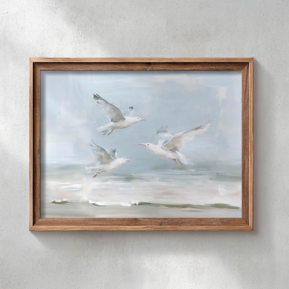 Printed Seagulls In Flight Over Ocean Waves Coastal Wall Art Muted Blue Seascape Neutral Beach Decor Serene Nautical Painting P734