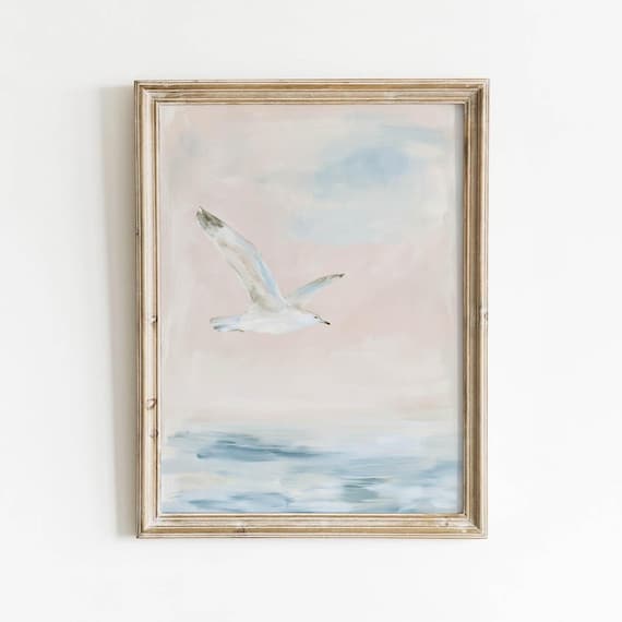 Seagull In Flight Pink Pastel Sky Ocean Waves Dreamy Coastal Bird Poster