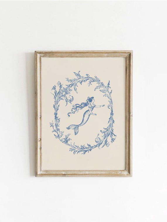 Blue Coquette Mermaid Download Vintage Nautical Gallery Wall Art Coastal Aesthetic Antique Decor Neutral 0007av