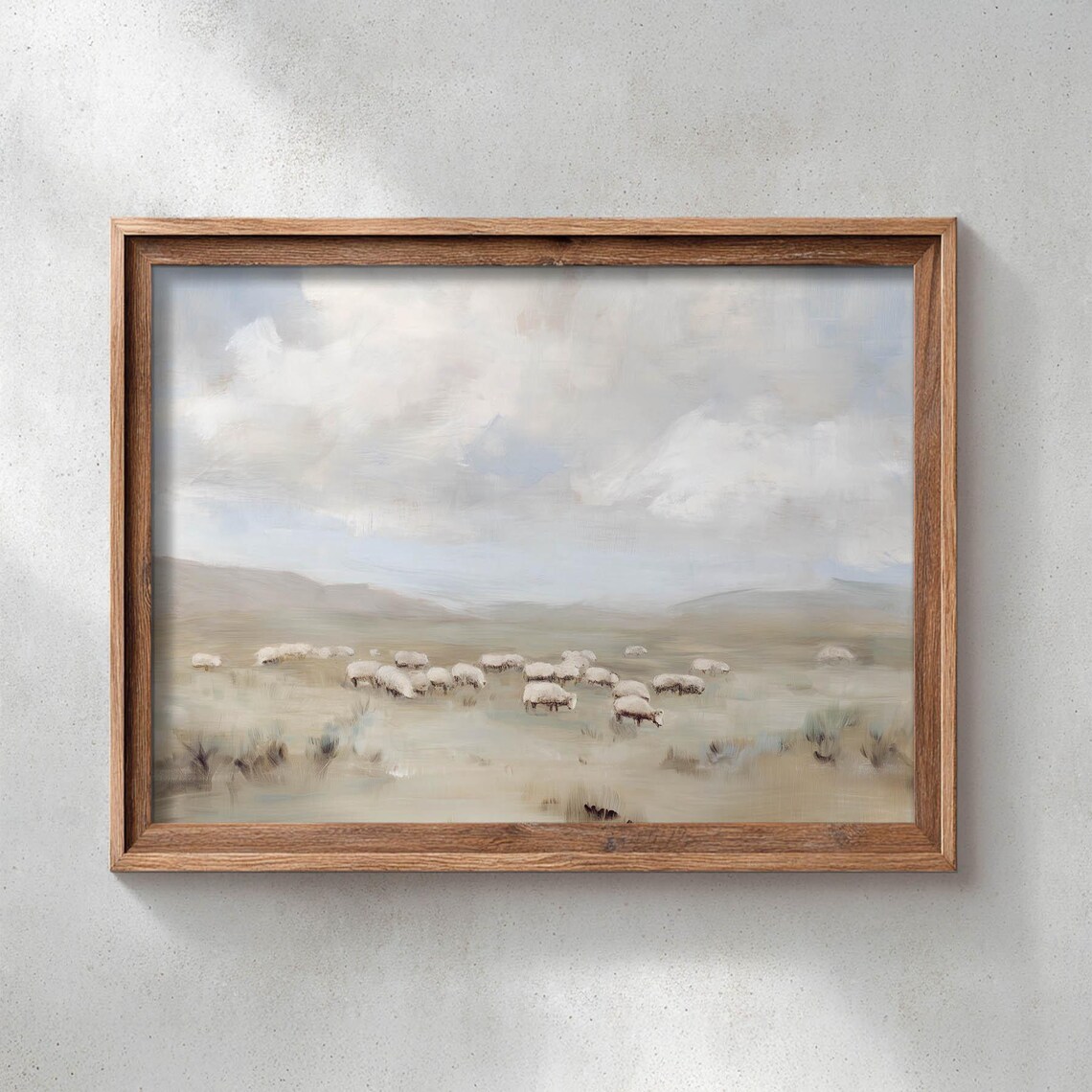 Flock Of Sheep Grazing Across Rolling Hills, Vintage Poster Print