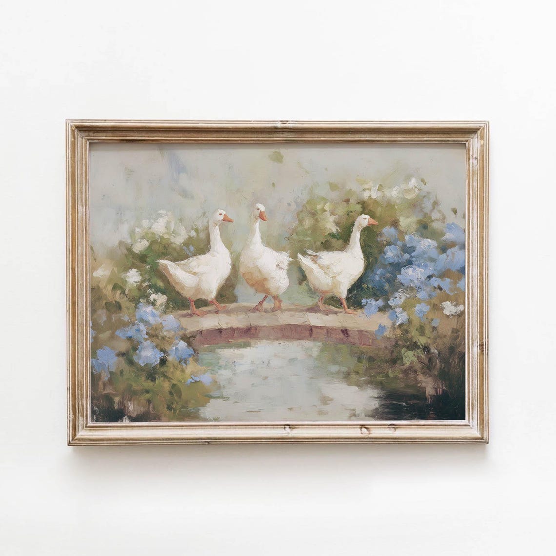 Three White Geese on Stone Bridge Cottagecore Pastoral Painting Poster