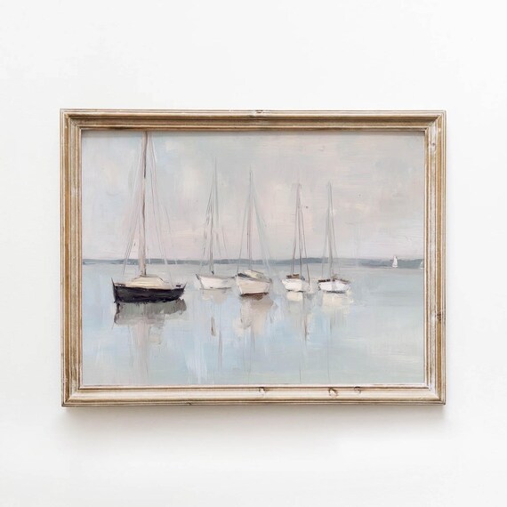 Moored Sailboats on Calm Water Soft Gray Blue Vintage Nautical Poster