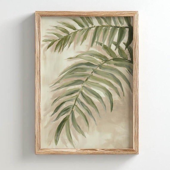 Printed Overlapping Palm Fronds Neutral Poster Print Muted Greens And Pink Tones Botanical Home Decor Minimalist Coastal Wall Art P382