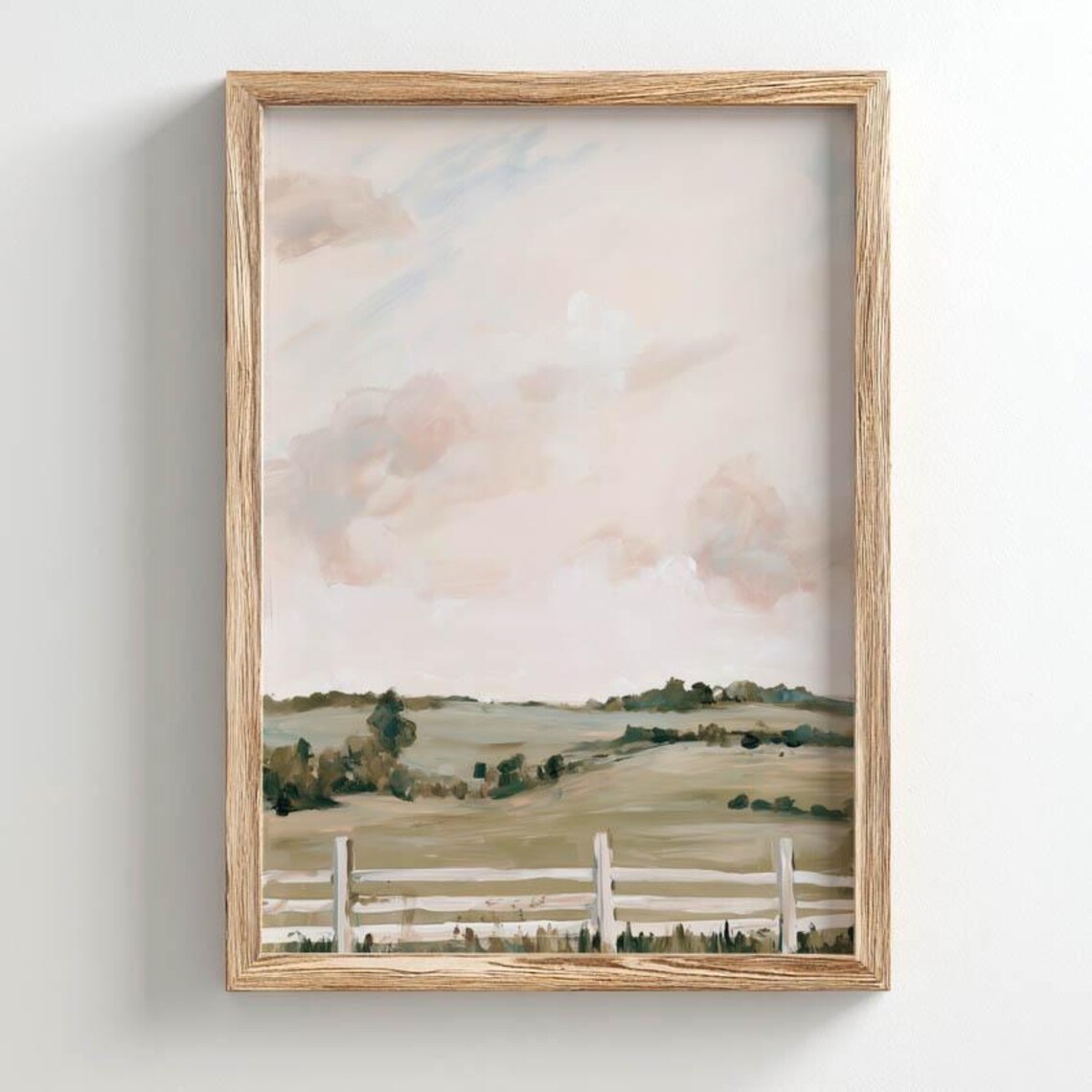 Rolling Countryside With White Fence Blush Sky Soft Pastoral Landscape Poster