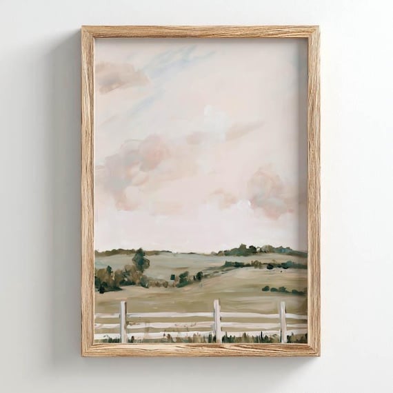 Printed Rolling Countryside Landscape Poster Watercolor Farmhouse Neutral Wall Art Soft Blush Sky Peaceful Pastoral Scene Home Decor P763