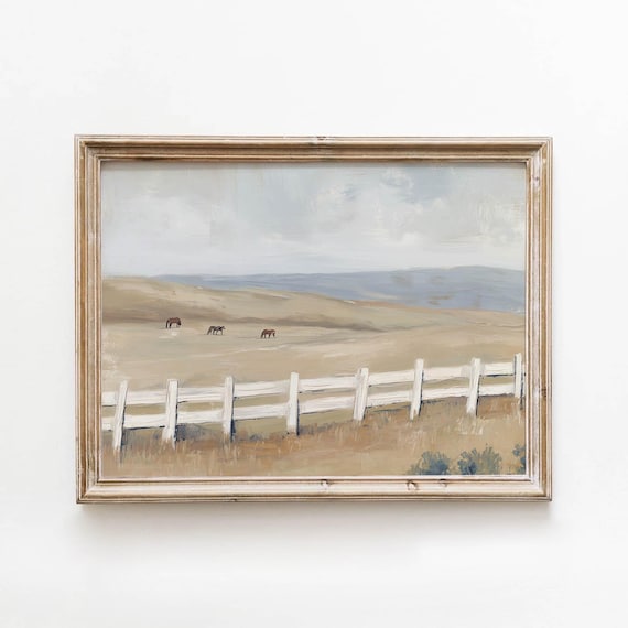 Cream Horses Grazing Meadow White Fence Vintage Landscape Poster