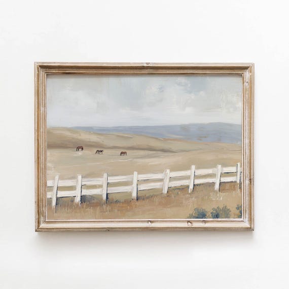 Vintage Cream Horses Meadow Rustic Split Rail Fence Printable Wall Art Neutral Farmhouse Landscape Decor Digital Download 556
