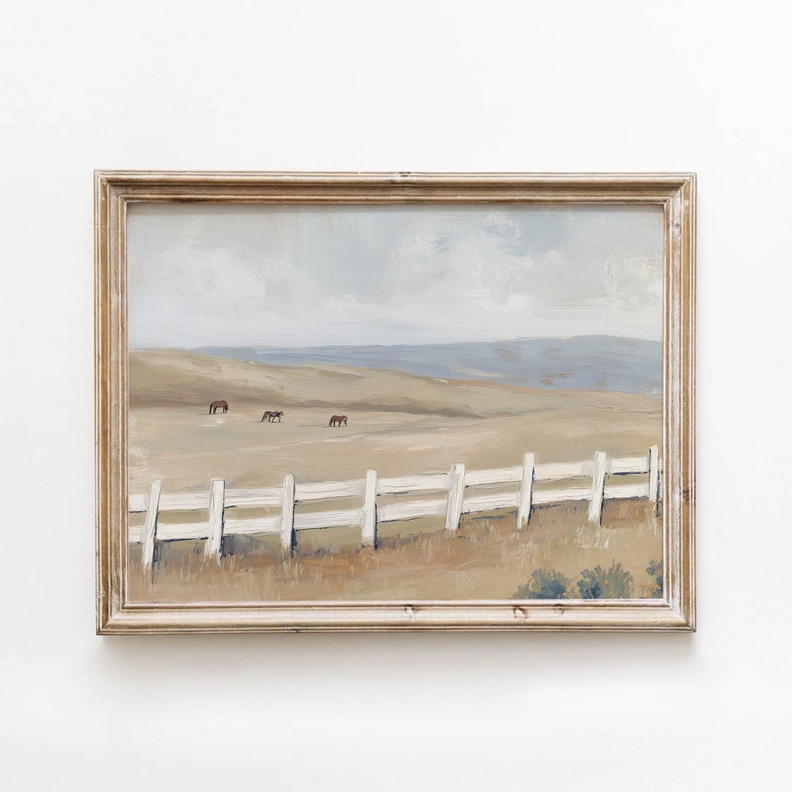 Cream Horses Grazing Meadow White Fence Vintage Landscape Poster