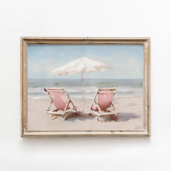 Coastal Nautical Pastel Seascape Printable Beachy Pink Chairs Wall Art Serene Vintage Beach Decor Relaxing Summer Download 0246