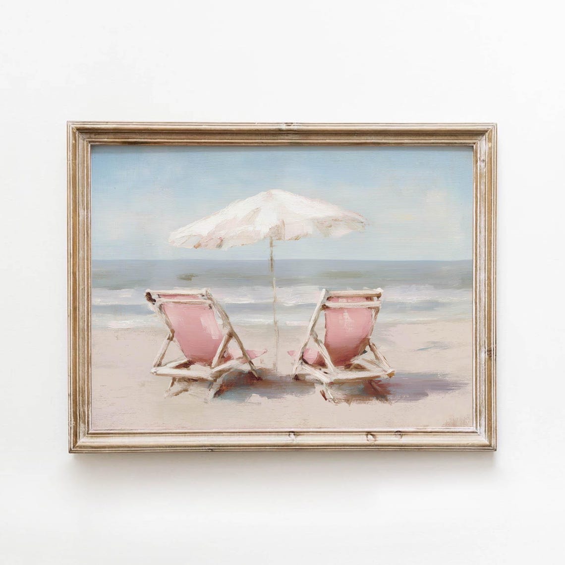 Pink Beach Chairs With White Umbrella Pastel Seascape Poster