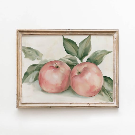 Vintage Pink Apple Still Life Painting Rustic Cottage Kitchen Wall Art Muted Farmhouse Decor Printable Digital Download 759