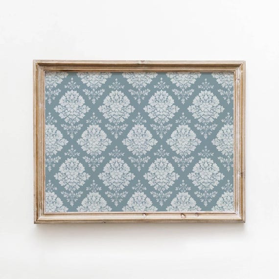 Cream And Teal Classic Floral Medallion Printable Vintage Wall Art Farmhouse Pattern Decor Elegant Room Muted Blue Download 0217