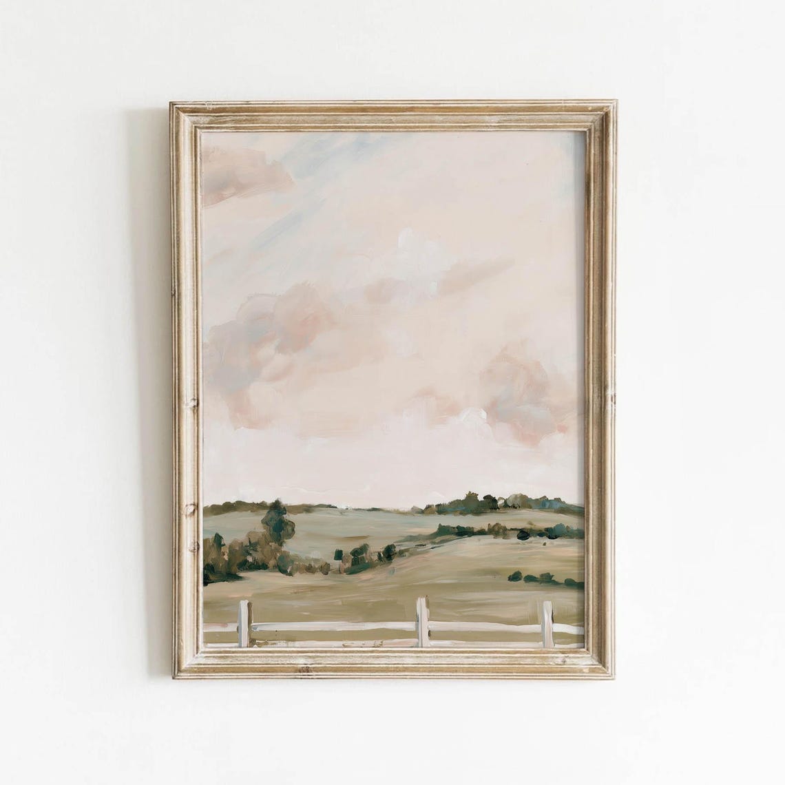Rustic Countryside White Fence Rolling Fields Soft Sky Painting Poster