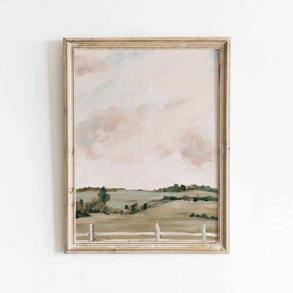 Rustic Countryside White Fence Rolling Fields Soft Sky Painting Poster