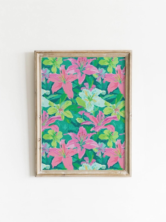Pink Tropical Lily Blooms Dense Botanical Painterly Floral Garden Wall Art