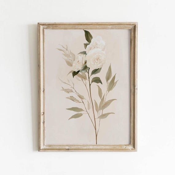 Soft White Peony Stem Printable Muted Sage Green Leaves Wall Art Vintage Neutral Botanical Decor Beige Background Digital Download 477