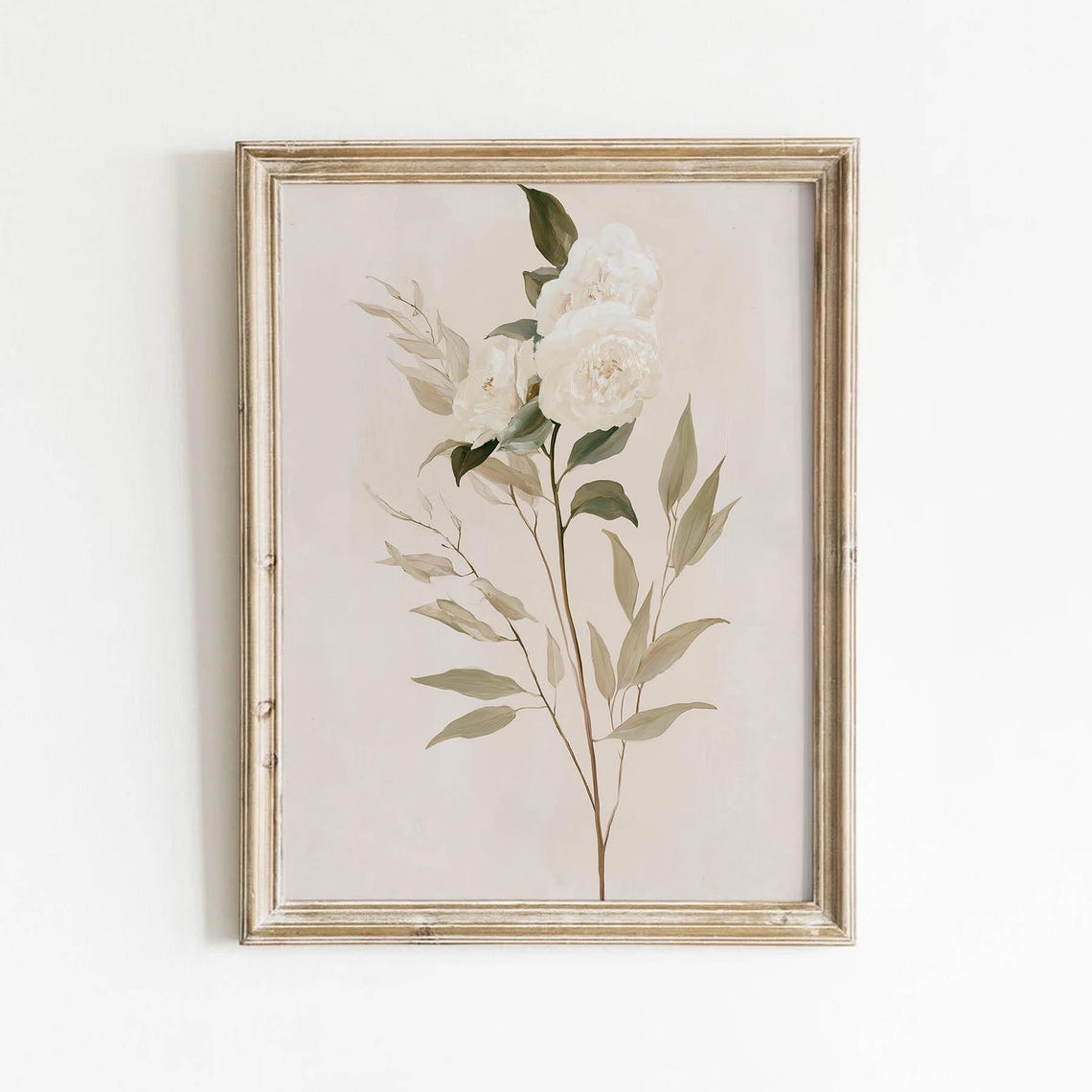 Soft White Peony Stem Sage Green Leaves Vintage Floral Poster