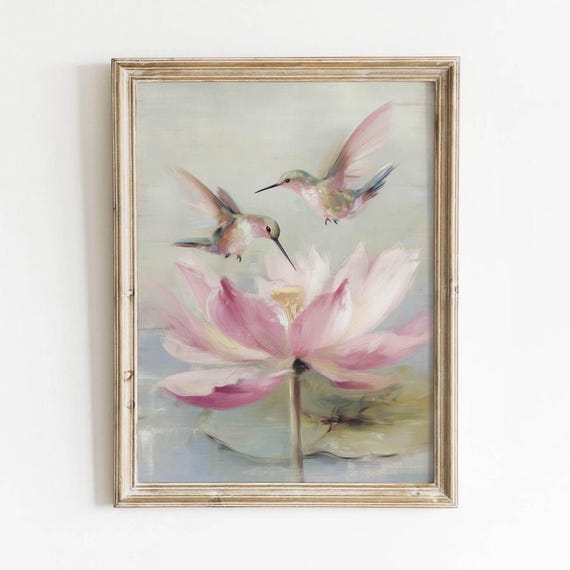 Pastel Pink Lotus With Hummingbirds Printable Soft Cottagecore Wall Art Romantic Nursery Decor Delicate Room Digital Download 0178