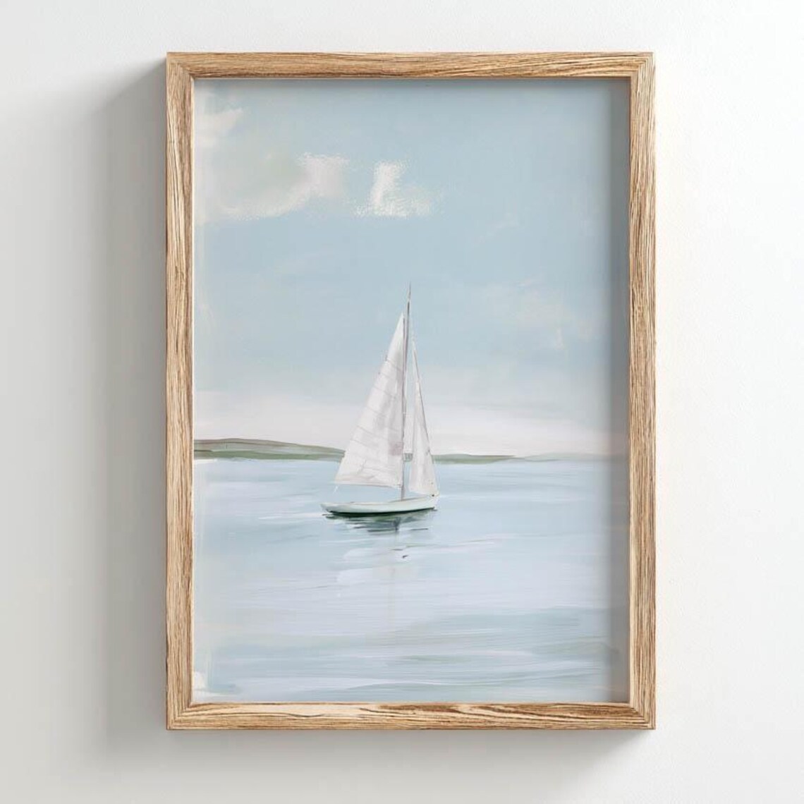 White Sailboat Gliding on Calm Water Minimalist Coastal Art Poster