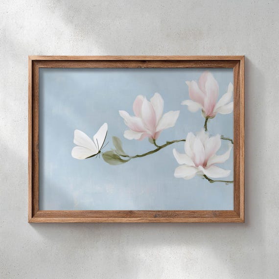 Printed Magnolia Branch With White Butterfly