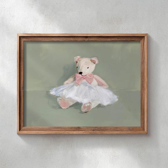 Cute Teddy Bear With Pink Bow, Vintage Nursery Decor Art Print