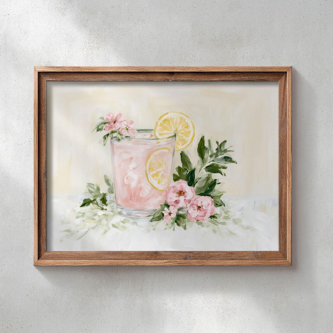 Pink Lemonade Watercolor Glass Cherry Blossom Floral Summer Drink Botanical Wall Art