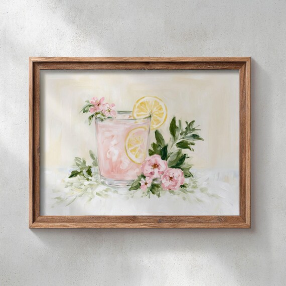 Pink Lemonade Watercolor Glass Cherry Blossom Floral Summer Drink Botanical Wall Art