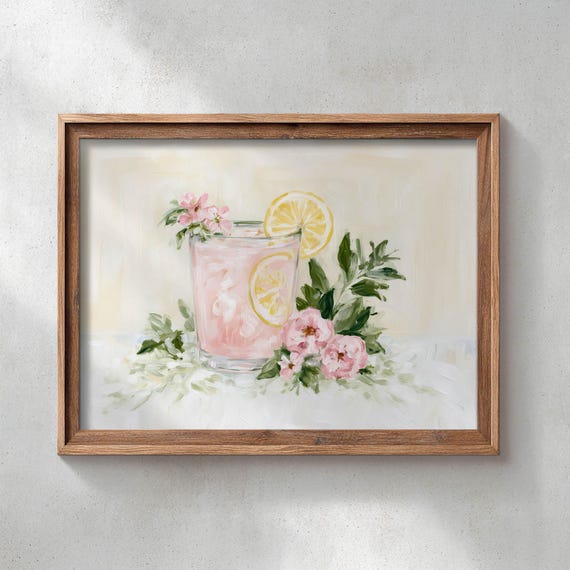 Printed Pink Lemonade Glass With Cherry Blossoms Wall Art Soft Feminine Watercolor Painting Kitchen Decor Botanical Summer Print 0703