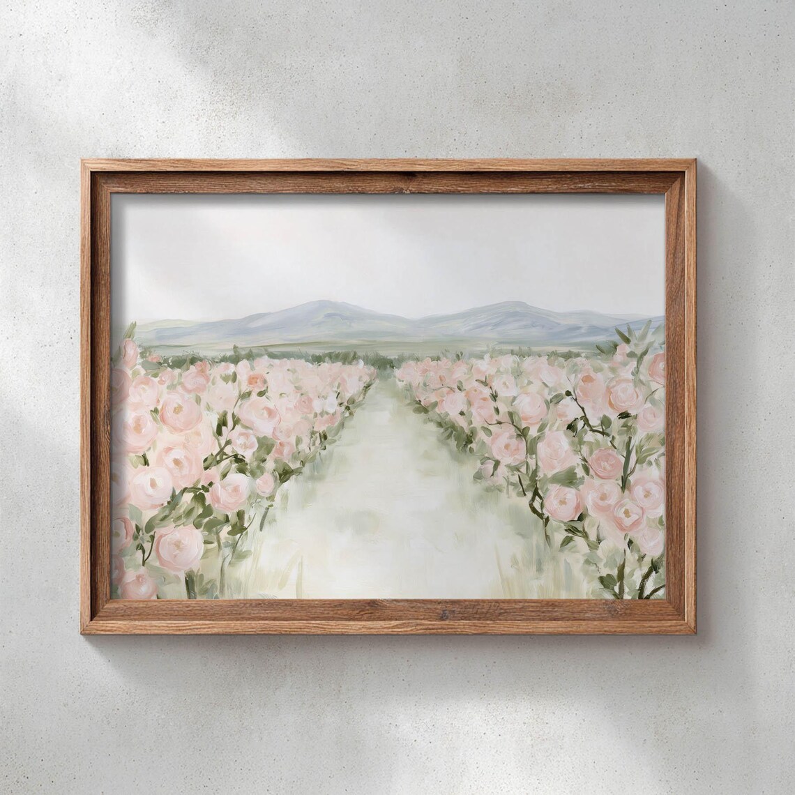 Rose Field Pathway Blooming Pink Roses Soft Romantic Garden Landscape Poster