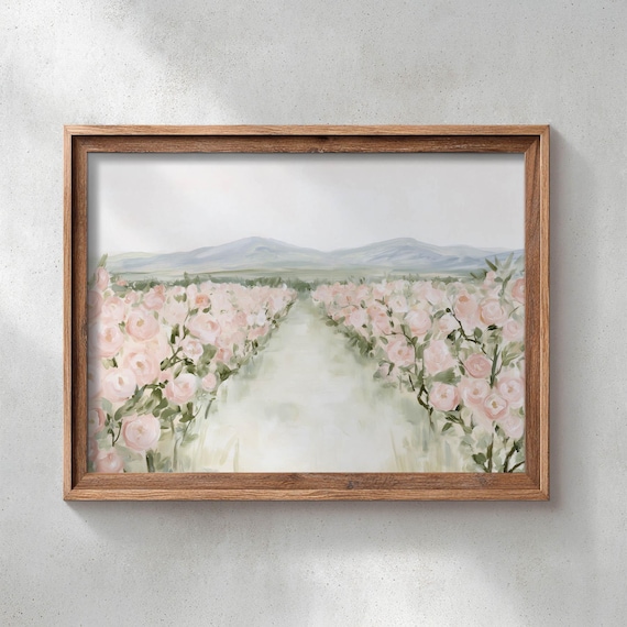 Printed Rose Field Landscape Path Through Blooming Pink Roses Soft Mountains Wall Art Cottagecore Painting Rustic Farmhouse Decor Print P757