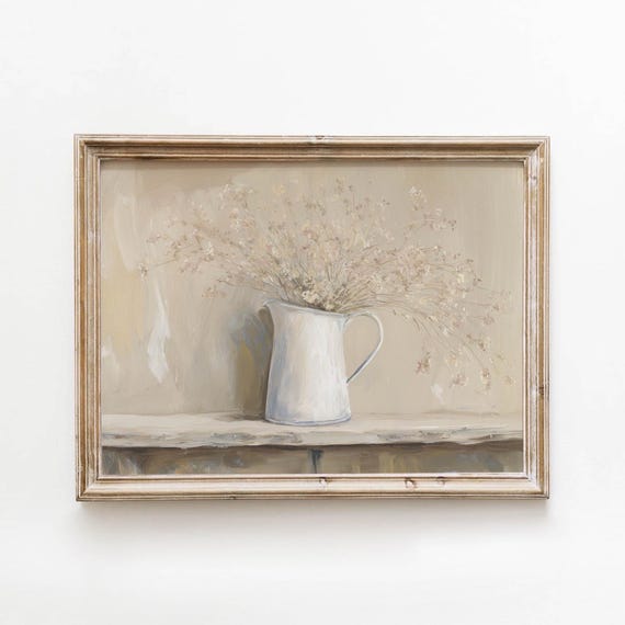 Vintage White Pitcher Wildflowers Printable Neutral Farmhouse Still Life Wall Art Rustic Shelf Decor Digital Download 524