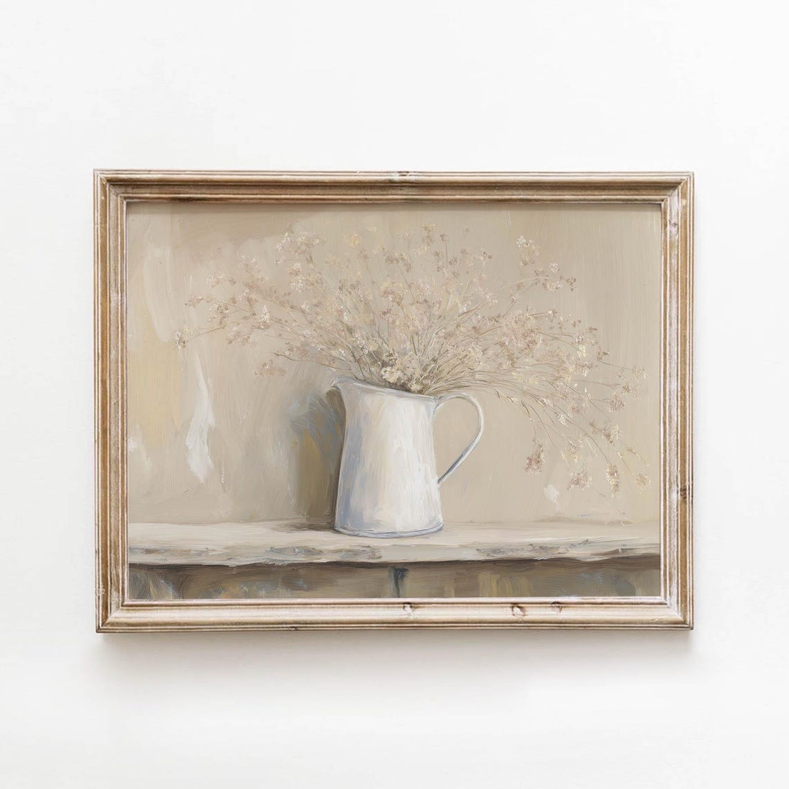 Vintage White Pitcher Wildflowers Neutral Farmhouse Art Poster