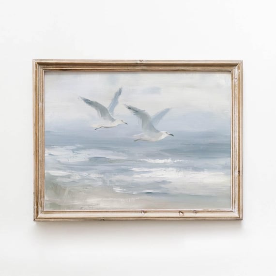 Seagulls Flying Over Ocean Waves Muted Vintage Coastal Poster