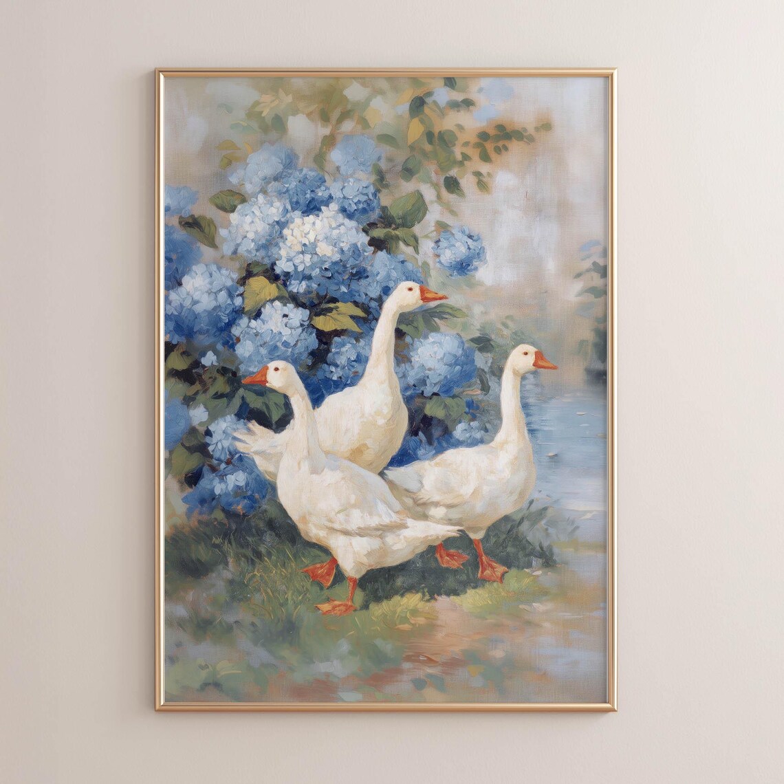 Three White Geese and Blue Hydrangeas, Vintage Farmhouse Art Print