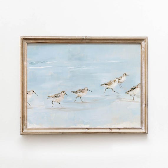 Sandpipers Along Shore, Vintage Coastal Art Print