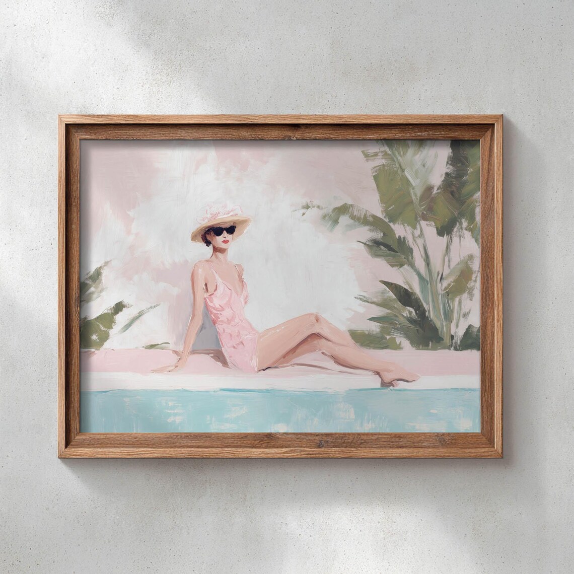 Retro Glam Woman Pink Swimsuit Poolside Palm Painting Vintage Poster