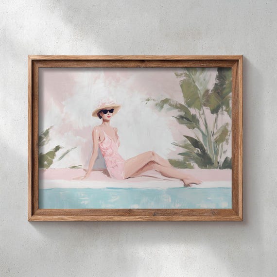 Printed Retroglam Elegant Woman Poster Print Pink Turquoise Summer Resort Modern Minimalist Glam Fashion Art 0371