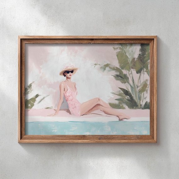 Retro Glam Woman Pink Swimsuit Poolside Palm Painting Vintage Poster