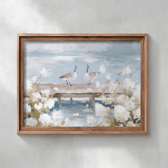 Printed Geese On Wooden Dock Blue Lake Coastal Wall Art Romantic Summer Cottage Decor Serene Florals Poster P639