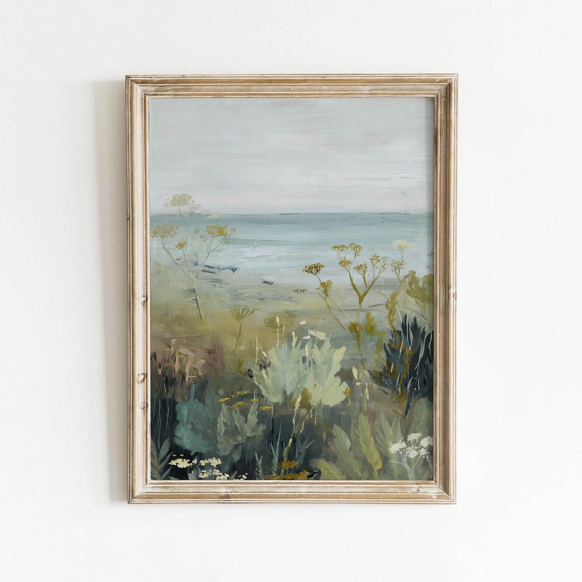 Calm Coastal Seascape With Wildflowers Neutral Cottagecore Art Poster