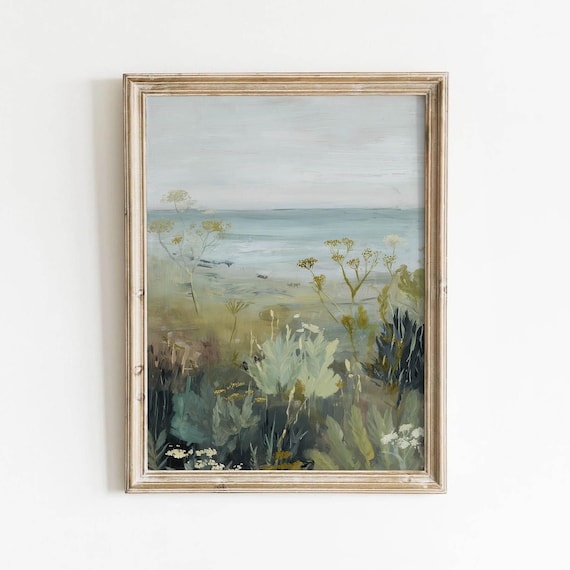 Calm Coastal Seascape With Wildflowers Neutral Cottagecore Art Poster