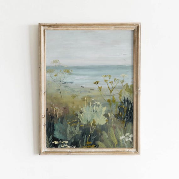 Calming Coastal Seascape Printable Neutral Wildflowers Wall Art Cottagecore Landscape Decor Tranquil Room Sage Download 0378
