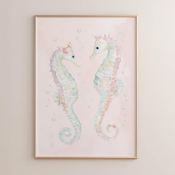 Printed Seahorse Couple Watercolor Wall Art Pastel Rainbow Coastal Nursery Decor Soft Beach Painting Whimsical Ocean Life Print 0679